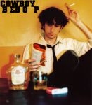  1boy alcohol black_hair book bottle cigarette cosplay cowboy_bebop cup drinking_glass glass legs_crossed liquor male_focus necktie non-asian photo reading sitting smoking solo spike_spiegel table 