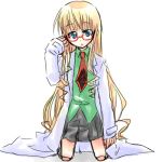  1girl blonde_hair blue_eyes child cosplay doll_joints glasses labcoat lowres pani_poni_dash! rebecca_miyamoto rozen_maiden shinku simple_background solo 