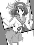  1girl ahoge belt flat_chest hair_ribbon hairband monochrome outstretched_arms pleated_skirt ribbon school_uniform serafuku shadow short_hair skirt smile solo spread_arms standing suzumiya_haruhi suzumiya_haruhi_no_yuuutsu yatsuka 