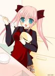  1girl aoyama_asuka apron aqua_eyes artist_name chocolate_making cooking indoors looking_at_viewer mixing_bowl no_pupils original pink_hair solo twintails valentine 