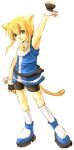  1boy animal_ears arc_system_works arm_up armpits bare_shoulders bell belt belt_pouch blonde_hair bridget_(guilty_gear) cat_ears cat_tail contrapposto crossdressinging cuffs fingerless_gloves full_body gloves green_eyes guilty_gear kneehighs looking_at_viewer male_focus pocket pose shorts simple_background skin_tight solo tail tank_top trap white_background white_legwear 