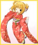  1girl azuma_yuki blonde_hair blush hair_ornament japanese_clothes kimono open_mouth original solo wink 
