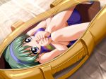  1girl bag fang from_above game_cg green_hair hair_ornament hairband happy in_container koigokoro shao_(koigokoro) shirt short_hair skirt smile solo violet_eyes 