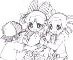  3girls akazutsumi_momoko goutokuji_miyako hyper_blossom lowres matsubara_kaoru monochrome multiple_girls powered_buttercup powerpuff_girls powerpuff_girls_z rolling_bubbles sketch 