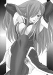  1girl gradient gradient_background highres monochrome solo tales_of_(series) tales_of_the_abyss tear_grants thigh-highs 