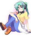  1girl aqua_hair arm_support blue_eyes boots denim full_body green_hair headphones higurashi_no_naku_koro_ni jeans leg_hug long_hair looking_at_viewer mei one_eye_closed pants ponytail shirt simple_background sitting smile solo sonozaki_mion subaru_(yachika) t-shirt wink 