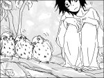  1boy animal bags_under_eyes bird black_hair branch death_note l_(death_note) lowres male_focus monochrome oekaki owl parody short_hair solo tree 