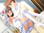  1boy 1girl blue_lagoon_~minami_no_umi_no_manan~ blue_striped_panties bride brown_hair carrying dress elbow_gloves game_cg gloves lola_andalucia ojiri_shin&#039;ya panties princess_carry striped striped_panties thigh-highs underwear upskirt wedding_dress white_legwear 