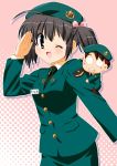  1boy 1girl miniboy nal one_eye_closed salute solo_focus to_heart_2 uniform wink yuzuhara_konomi 