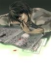  1boy bags_under_eyes black_eyes black_hair blood brown_eyes day death_note japanese l_(death_note) long_sleeves looking_at_viewer lying male_focus newspaper on_stomach short_hair solo sunlight sweater upper_body 