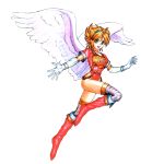  1girl :d angel_wings armor blonde_hair boots breath_of_fire breath_of_fire_i elbow_gloves gloves green_eyes hairband knee_boots nina_(breath_of_fire_i) official_art open_mouth short_hair smile solo thigh-highs thighs white_wings wings 