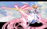  1girl bow character_name english fingerless_gloves gloves lyrical_nanoha magazine_(weapon) magic_circle magical_girl mahou_shoujo_lyrical_nanoha mahou_shoujo_lyrical_nanoha_a&#039;s polearm raising_heart red_bow redhead shoes solo takamachi_nanoha twintails violet_eyes weapon white_devil winged_shoes wings 