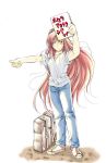  00s 1girl aozaki_aoko denim hitchhiking iwaki_hiro jeans long_hair looking_at_viewer notebook pants redhead shoes sign simple_background sneakers solo suitcase translated tsukihime very_long_hair white_background 