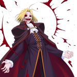  00s 1boy ascot blonde_hair cape cowboy_shot emphasis_lines long_sleeves looking_at_viewer male_focus melty_blood military military_uniform red_eyes sharp_teeth solo standing teeth transparent_background tsukihime type-moon uniform wallachia 