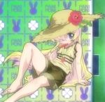  barefoot blonde_hair blue_eyes child feet hat long_hair lowres pani_poni_dash! popsicle rebecca_miyamoto shorts 