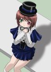  00s 1girl blush boku brown_hair capelet green_eyes hands_on_own_chest hands_together hat heterochromia long_sleeves parted_lips red_eyes rozen_maiden short_hair sitting skirt solo souseiseki takumi_(rozen_garten) top_hat 