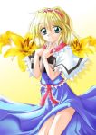  1girl alice_margatroid blonde_hair book capelet closed_mouth dress female flower green_eyes hairband holding_book kurinton smile solo touhou 