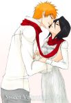  1boy 1girl black_hair bleach casual closed_eyes couple dress hair_between_eyes hetero holding kiss kuchiki_rukia kurosaki_ichigo lowres orange_hair parted_lips scarf shared_scarf short_hair valentine 