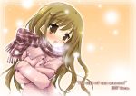  1girl akino_ochiba border breath brown_eyes brown_hair coat crossed_arms gradient gradient_background hair_ornament hairclip head_tilt long_sleeves looking_at_viewer original plaid plaid_scarf scarf simple_background solo visible_air yellow_background 