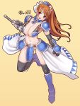  1girl armor boots breasts brown_hair cleavage elbow_gloves female gloves huge_breasts kei_jiei red_eyes simple_background solo sword thigh-highs weapon 