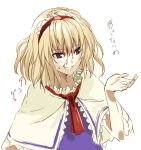  1girl alice_margatroid bleeding blonde_hair blood blood_on_face blue_eyes capelet female hairband injury iosys morii_shizuki parody short_hair sketch solo touhou translated 