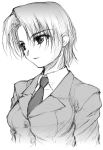  1girl bazett_fraga_mcremitz breasts face fate/hollow_ataraxia fate/stay_night fate_(series) formal greyscale medium_breasts mole mole_under_eye monochrome necktie short_hair simple_background sketch solo suit upper_body white_background yamaguchi_homupe 