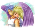  1boy 1girl angel_wings black_wings blonde_hair blue_hair breath_of_fire breath_of_fire_ii couple hetero hug hug_from_behind lowres nina_(breath_of_fire_ii) ryuu_(breath_of_fire_ii) wings 