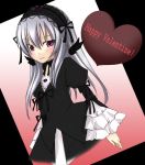  00s 1girl black_dress black_ribbon bow cowboy_shot dress frilled_sleeves frills hairband happy_valentine headband heart juliet_sleeves lolita_hairband long_hair long_sleeves looking_at_viewer pink_background puffy_long_sleeves puffy_sleeves ribbon rozen_maiden silver_hair simple_background solo suigintou takami_ryo takami_ryou valentine violet_eyes wings 