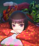  1girl bangs barefoot black_hair blunt_bangs bob_cut covering_mouth face feet floral_print foreshortening hime_cut japanese_clothes kimono long_hair lying on_floor original shiny shiny_hair solo tatami uni 