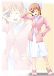  1girl blue_eyes brown_hair cardigan dress gradient gradient_background jirou_(chekoro) nurse ponytail sandals v wink zoom_layer 