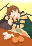  1girl arami_taito earrings eating emiya-san_chi_no_kyou_no_gohan fate/stay_night fate_(series) food fruit fujimura_taiga jewelry mandarin_orange orange solo 