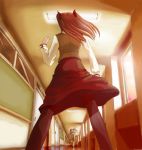  1boy 1girl black_hair black_legwear bow emiya_shirou fate/stay_night fate_(series) fleeing from_behind from_below fukurou hair_ribbon hallway long_hair pantyhose ribbon running school school_uniform serafuku tohsaka_rin twintails 