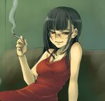  1girl black_hair cigarette dress glasses naughty_face original red_dress smoking solo torazou 