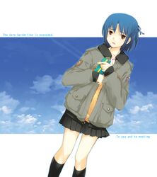  1girl blue_hair brown_eyes clouds dasoku_sentarou footwear gift holding holding_gift jacket kneehighs open_mouth original pleated_skirt skirt sky socks solo valentine 