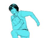  1boy blue collared_shirt death_note dress_shirt envelope holding long_sleeves male_focus matsuda_touta monochrome pants running shirt simple_background solo white_background 