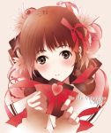  1girl blush bow brown_eyes brown_hair flower gift heart holding holding_gift original pale_skin petals ribbon short_hair solo valentine wakatsuki_sana 