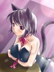  1girl animal_ears bodysuit bow bowtie breasts cat_ears cleavage erect_nipples fishnet_pantyhose fishnets huge_breasts kittysuit large_breasts pantyhose purple_hair red_eyes ribbon shimada_wakaba short_hair signature solo tail 