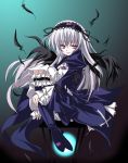  00s 1girl feathers gradient gradient_background moon pale_skin pink_eyes red_eyes rozen_maiden silver_hair solo suigintou 