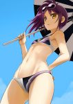  1girl beach_umbrella bikini clouds from_below hand_on_hip navel open_mouth pripara purple_hair short_hair side_ponytail sky solo sunglasses sunglasses_on_head swimsuit tea_(nakenashi) toudou_shion umbrella yellow_eyes 