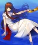  1boy 1girl brown_eyes brown_hair dress fate/extella fate/extra fate_(series) gilgamesh highres kishinami_hakuno_(female) long_hair nagiko_(mangalove1111) out_of_frame solo_focus white_dress 