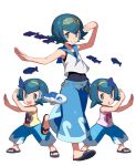  3girls arms_up baggy_pants blue_eyes blue_hair bright_pupils capri_pants fish hairband hou_(pokemon) looking_at_viewer multiple_girls one-piece_swimsuit pants pokemon pokemon_(anime) pokemon_(creature) pokemon_(game) pokemon_sm pokemon_sm_(anime) sandals school_swimsuit short_hair siblings simple_background sisters sleeveless smile sui_(pokemon) suiren_(pokemon) swimsuit swimsuit_under_clothes tonami_kanji trial_captain twins water white_background wide_stance wishiwashi 
