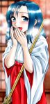  1girl atchy atchy_(artist) blue_eyes blue_hair hakama japanese_clothes long_image miko red_hakama solo tall_image 