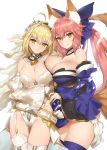  2girls ahoge animal_ears bare_shoulders blonde_hair breasts chains cleavage fate/extra fate/grand_order fate_(series) fox_ears fox_tail garter_straps green_eyes hair_ribbon large_breasts lock long_hair multiple_girls nero_claudius_(bride)_(fate) nero_claudius_(fate)_(all) pink_hair ponytail purple_legwear ribbon short_hair tail tamamo_(fate)_(all) tamamo_no_mae_(fate) thigh-highs thighs white_legwear yaman yellow_eyes 