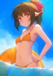  1girl :/ absurdres animal_ears armpits bare_arms bare_shoulders bikini blue_sky blush bow breasts brown_hair cleavage closed_mouth collarbone cowboy_shot day eyebrows_visible_through_hair fukuro_ko_(greentea) hair_bow hand_on_hip highres innertube looking_at_viewer mole mole_under_eye necone orange_bikini orange_ribbon outdoors red_bow red_eyes ribbon short_hair side-tie_bikini sky small_breasts solo swimsuit tail utawareru_mono:_itsuwari_no_kamen wading water water_drop wet 