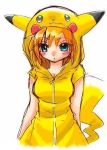  1girl angry aqua_eyes artist_request blush cosplay costume female kasumi_(pokemon) lowres orange_hair pikachu pikachu_(cosplay) pokemon pout simple_background solo source_request white_background 