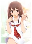  1girl blush bottomless brown_eyes brown_hair candy food haga_yui hoshino_yuumi kimi_kiss lollipop long_hair midriff necktie out-of-frame_censoring school_uniform serafuku solo uniform 