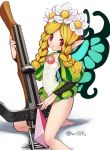  00s 1girl 2007 bare_legs barefoot blonde_hair bow_(weapon) crossbow dated fairy female flat_chest flower hair_flower hair_ornament kei_jiei looking_at_viewer mercedes odin_sphere pointy_ears puffy_sleeves solo twin_braids weapon white_background wings 