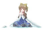  1girl angel_wings blush brown_eyes brown_hair cold dobato original ribbon simple_background sitting solo tsubame_(dobato) white_background wings 