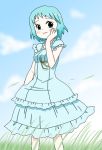  1girl aqua_eyes aqua_hair atlus blue_hair blush bow dress frills grass persona persona_3 short_hair sky smile solo yamagishi_fuuka 