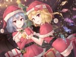  2girls alternate_costume arm_warmers bat_wings bell belt black_legwear blonde_hair blue_hair box capelet christmas_tree dress fang flandre_scarlet gift gift_box hat looking_at_viewer minust mittens multiple_girls open-back_dress parted_lips red_dress red_eyes red_hat remilia_scarlet santa_hat short_dress siblings sisters smile sparkle standing star thigh-highs touhou wings 